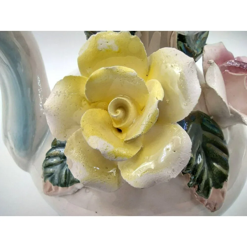 Lusterware Pitcher Vase with Flower Accents and Handle 8 Inches Vintage
